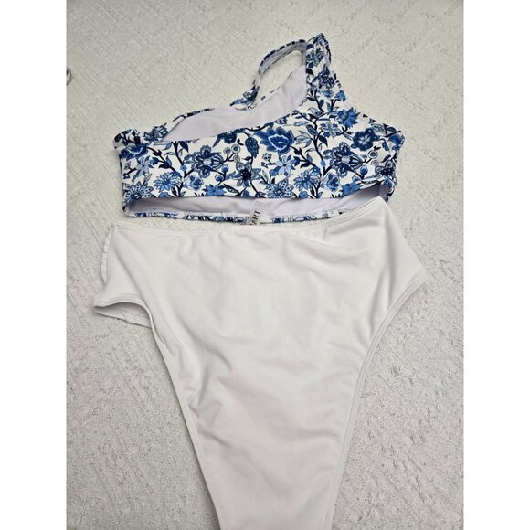 Floral Blue One-Shoulder Top & White Bikini bottom Set Size Large - Picture 4 of 4